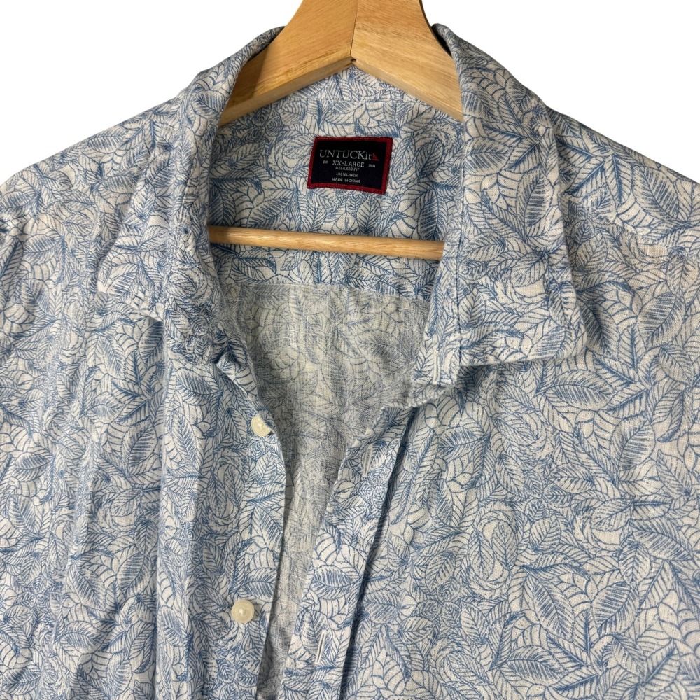 UNTUCKit Mens XXL Relaxed Fit 100% Linen Short Sleeve Blue Leaf Print Shirt